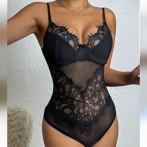 Sexy black lace mesh bodysuit small